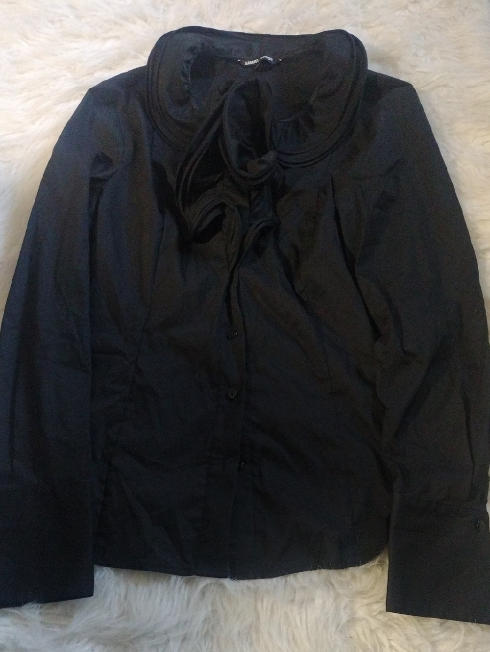 Samuel Dong Black Women's Ruffled Tie-Neck Blouse